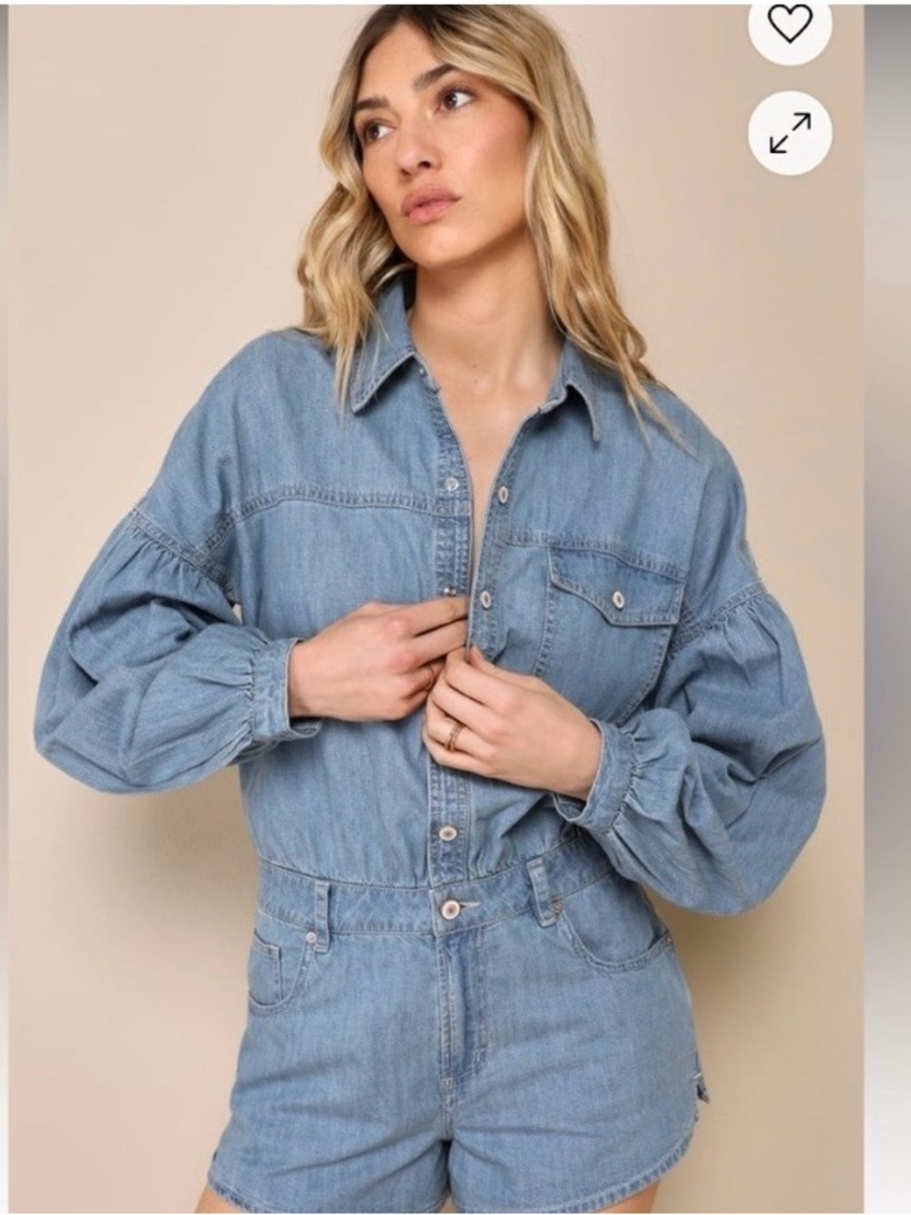 Free People Light Blue Denim Romper with Long Sleeve
